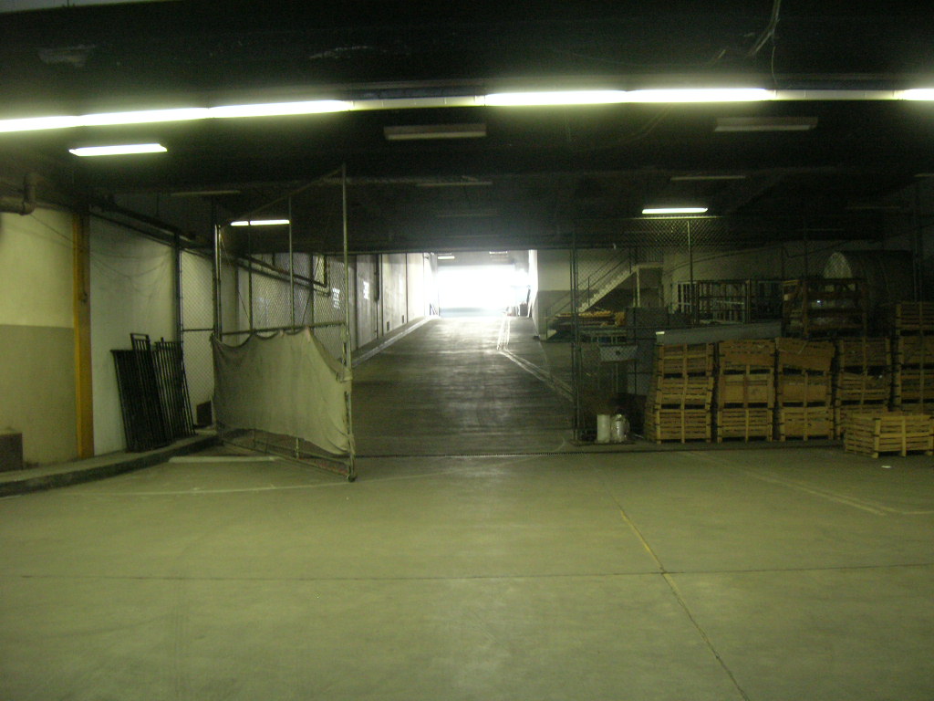 color photo looking up a concrete ramp from a basement. a chain link fence gate stands ajar, and stacks of pallets sit nearby.