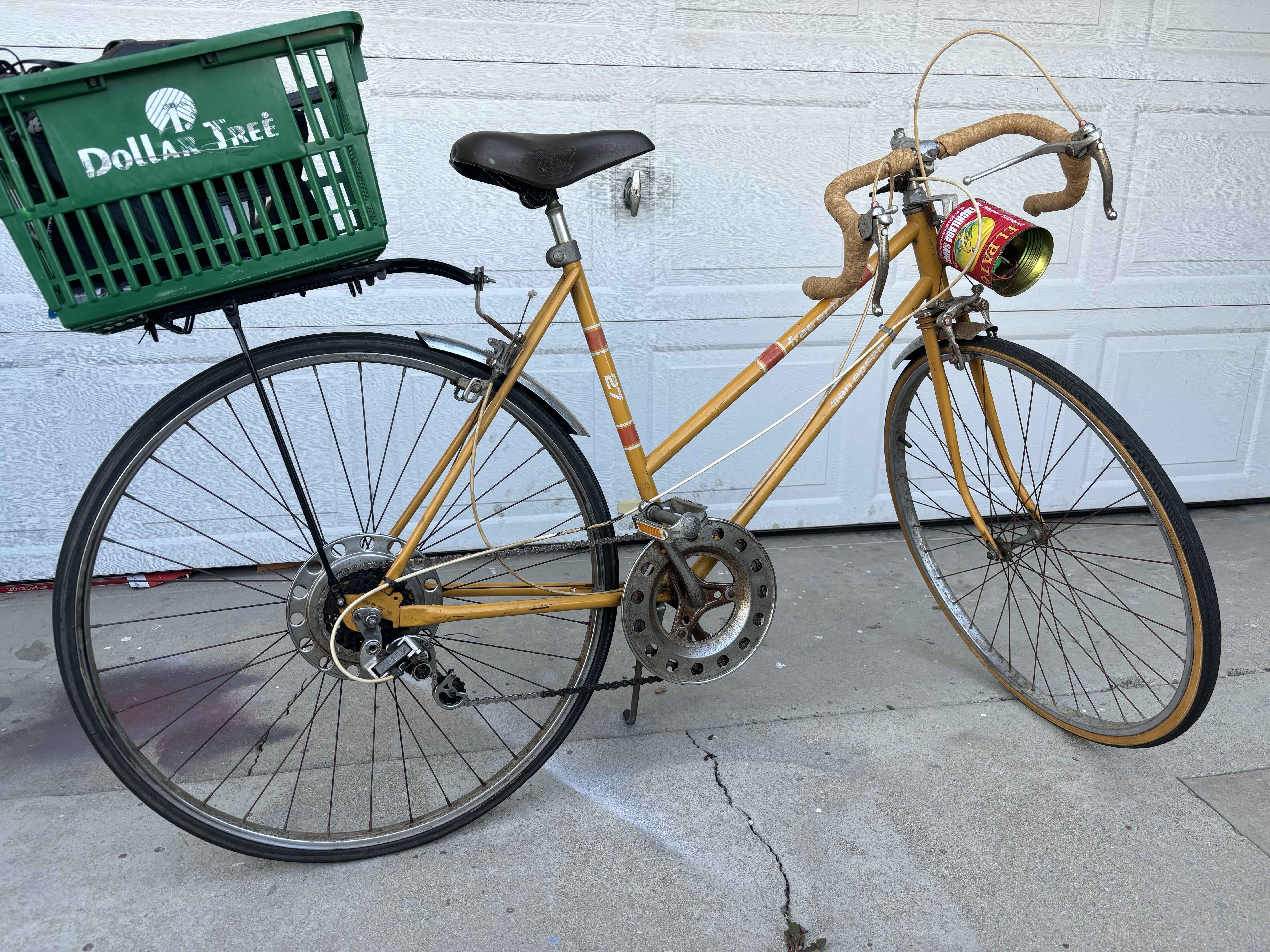 step thru frame road bike in front of garage door