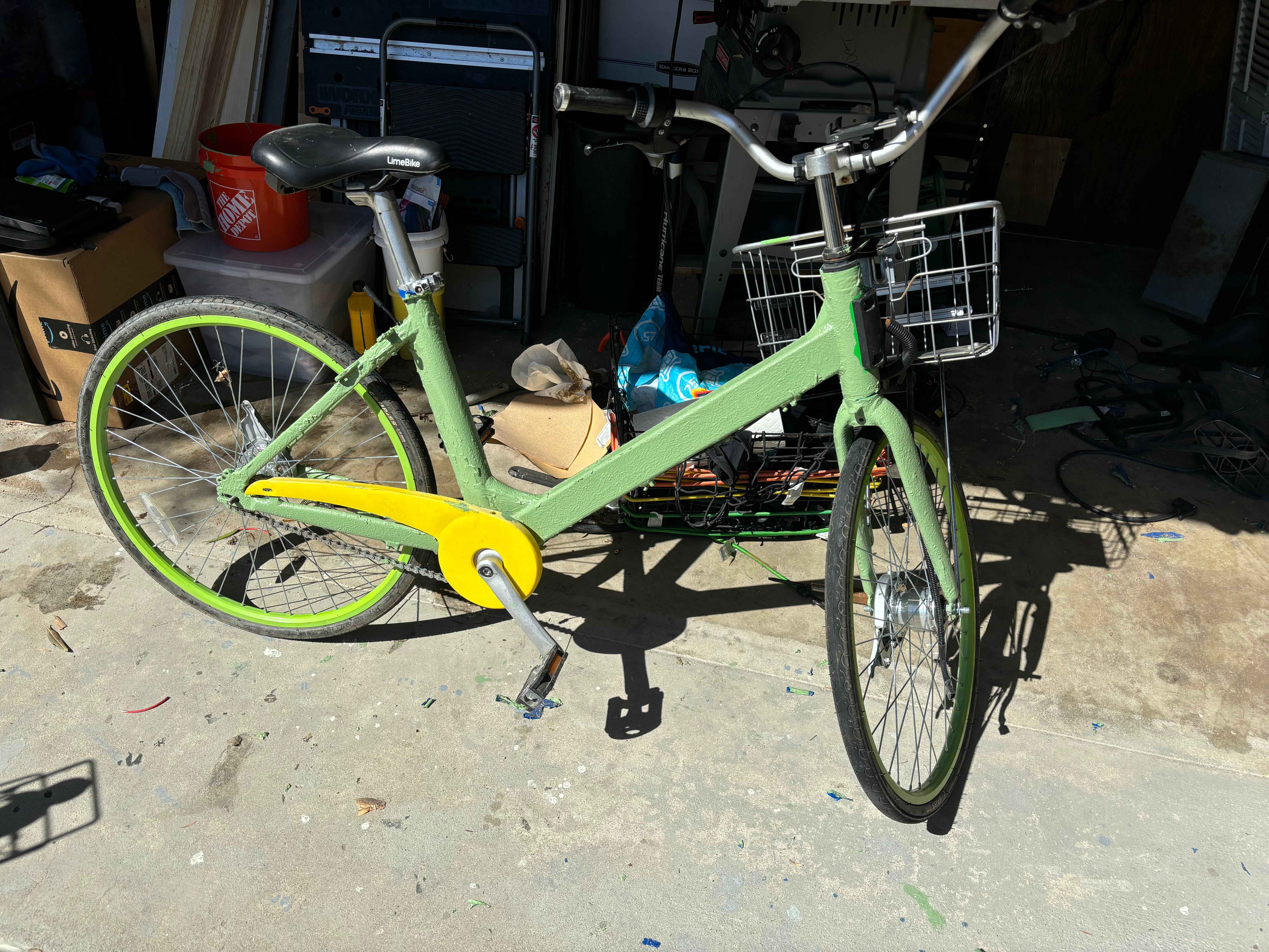 the bike back on its wheels, with its bumpy green coating