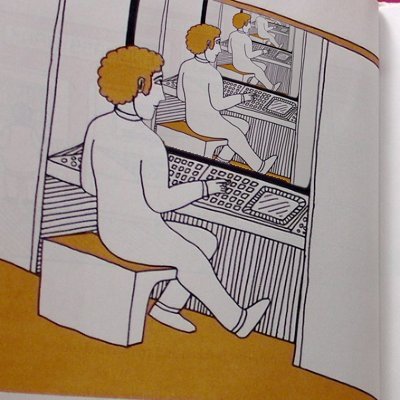 edited illustration from the book 2010 living in the future, showing a child sitting at a computer-like vision desk. my friend emily has edited it such that he is looking at an infinite series of the same image