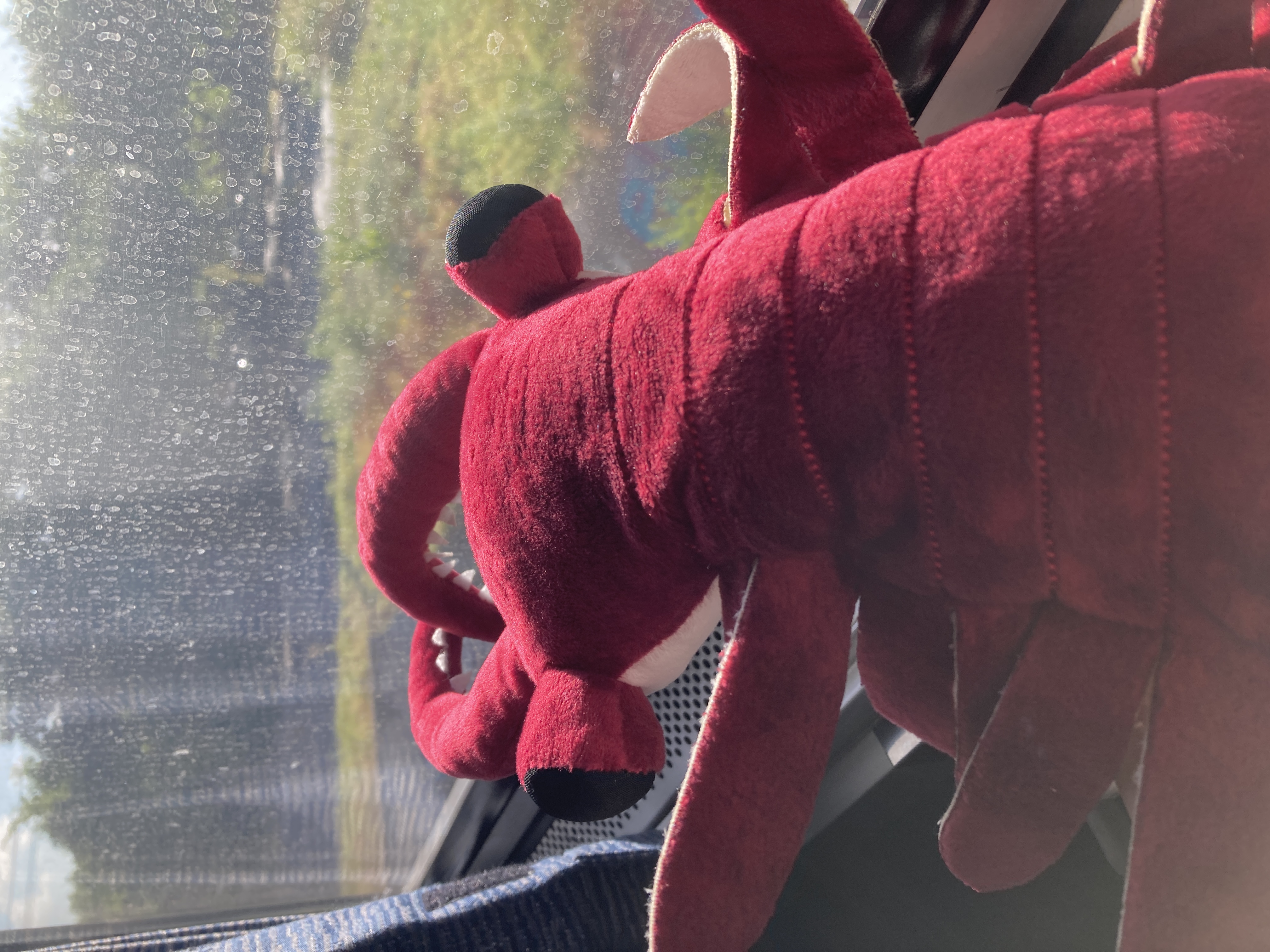 plush anomalocaris looking out a superliner train window.