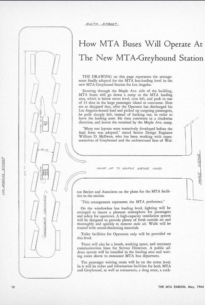 Page from May 1964 issue of Emblem showing a line drawing of the bus bay arrangement in the basement of the terminal. Headline reads How MTA Buses Will Operate At The New MTA-Greyhound Station 